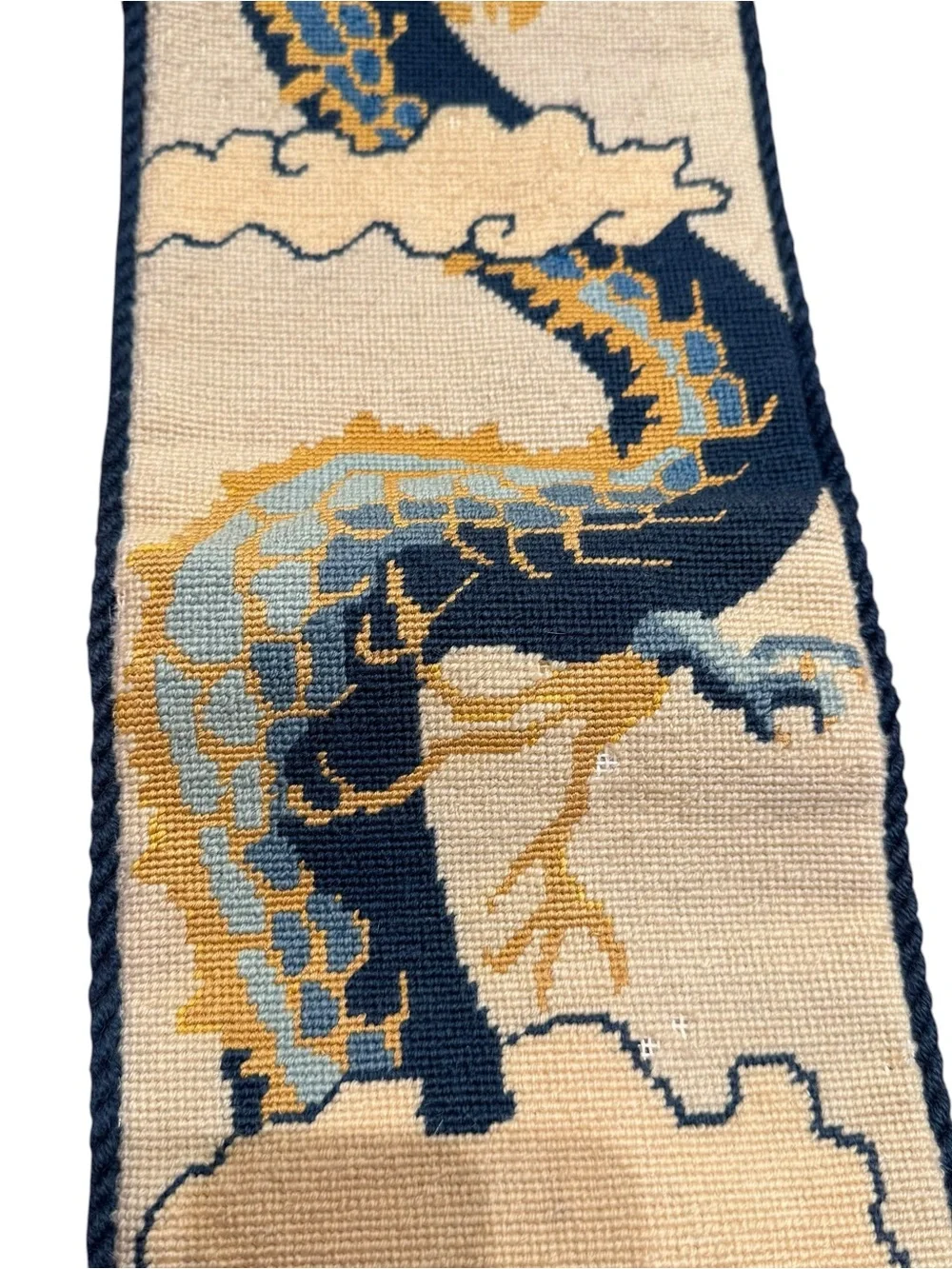 Vintage Asian Chinese Needlepoint Hanging Dragon Wall Art 60”x 7” Tapestry Brass